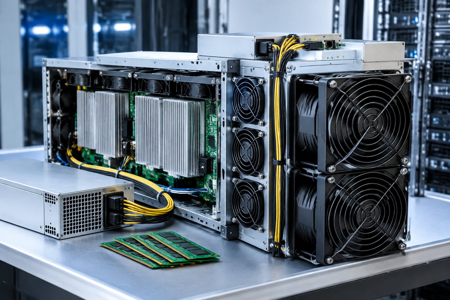 An ASIC cryptocurrency mining machine with cooling fans and cables in a data center.