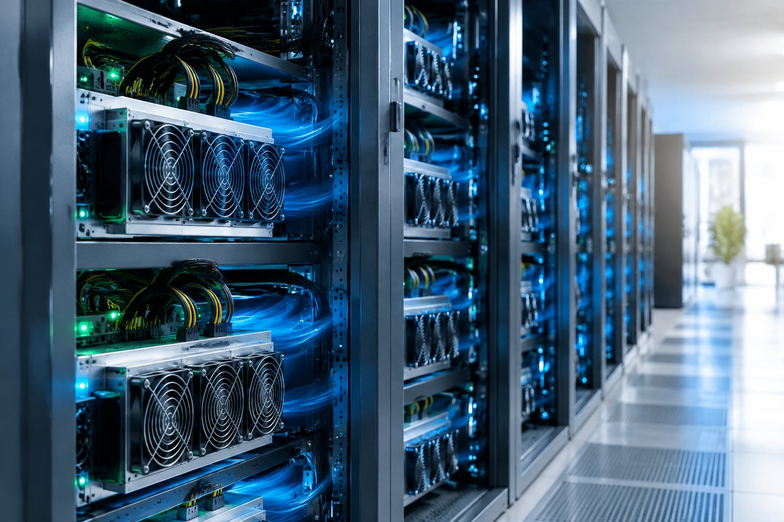 Rows of cryptocurrency mining machines operating in an organized, cooled server facility.