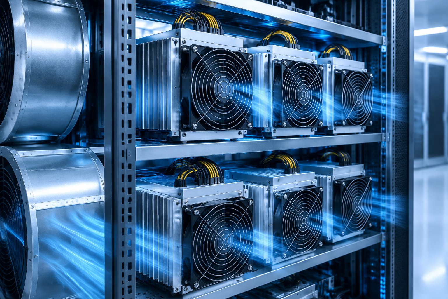 ASIC mining machines arranged in a server rack with fans, heat sinks, and cooling ducts.