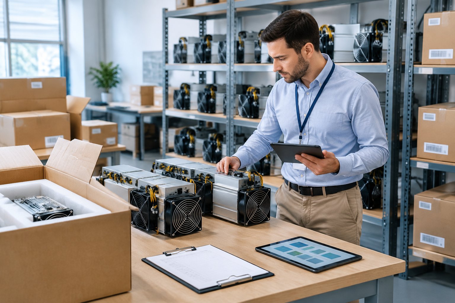A procurement specialist inspects cryptocurrency mining machines in a technology warehouse.
